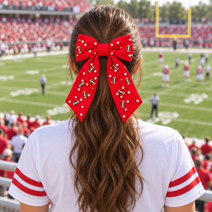 Football Hair Bow with Pearls & Rhinestones – Game Day