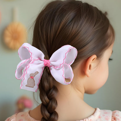 Kids Easter Bunny Embroidered Bow Hair Clip with Overlock Edges, Grosgrain Ribbon Hair Accessory