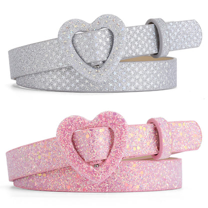 Kids’ Sequin PU Waist Belt with Heart-Shaped Buckle