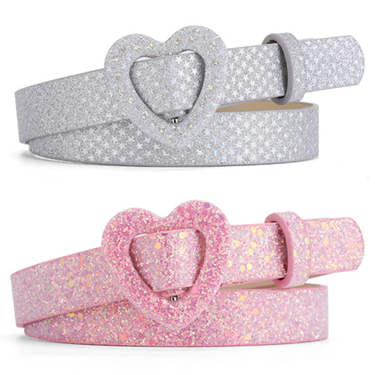 Kids’ Sequin PU Waist Belt with Heart-Shaped Buckle