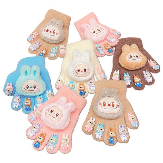 Cute Labubu Plush Half-Finger Gloves Warm Knitted Mittens with 3D Bunny and Silicone Labubu Charms