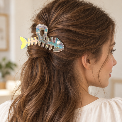 Iridescent Fishbone Hair Claw Clip – Acetate-Look Fish Skeleton Clip with Faux Pearl Eye