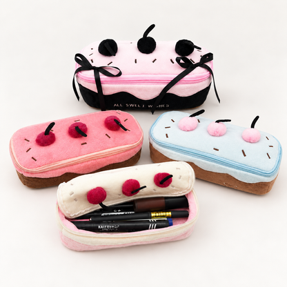 Cherry Cake Plush Cosmetic Bag & Pencil Pouch – Cute Zipper Makeup Organizer and Stationery Case