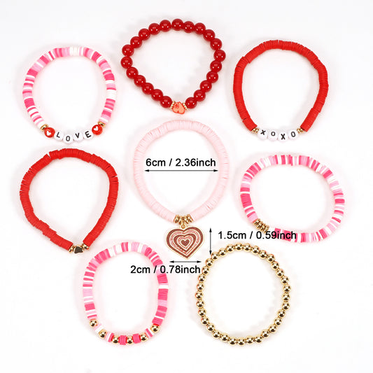 Valentine's Day Love Heart XOXO Rose Beaded Bracelet Set Charm
