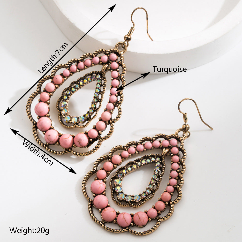 Western Boho Statement Glass Drill Turquoise Pink & Crystal Drop Earrings