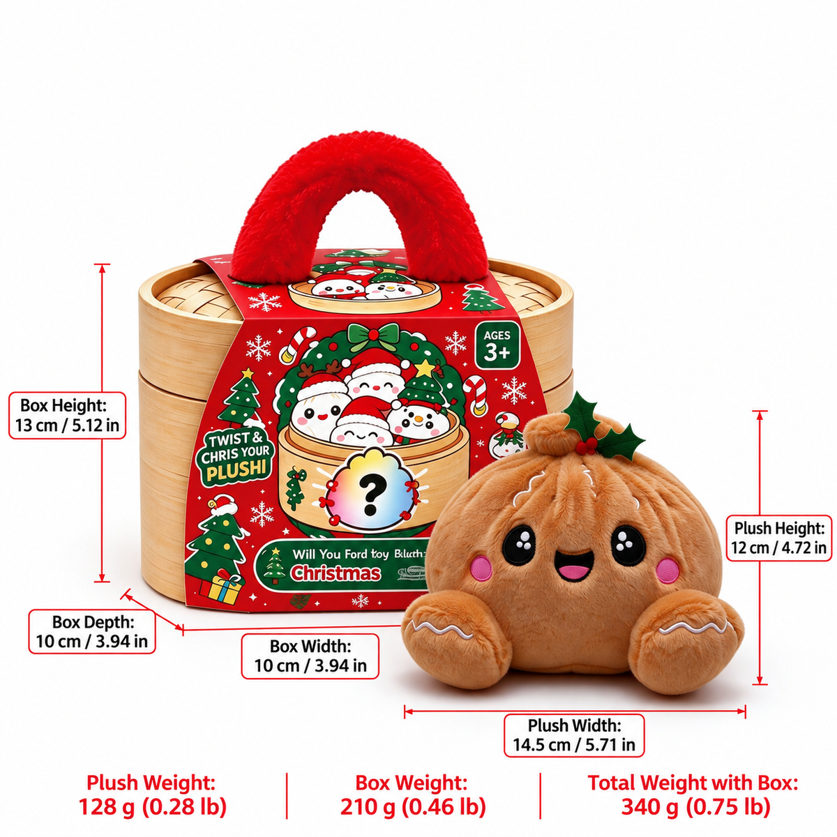 Christmas Bao Bun Plush Toys – Cute Holiday Dumpling Characters, Plush Only or with Bamboo Steamer Gift Box