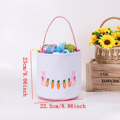 Easter Bunny Embroidered Candy Basket with Carrot Design, Kids Treat Bucket
