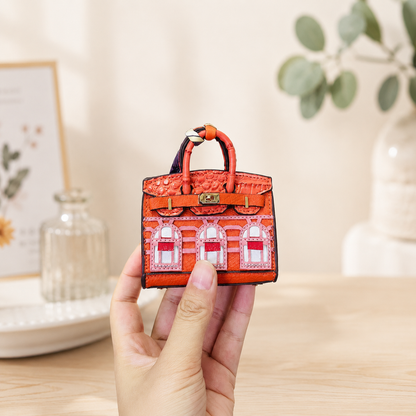 Mini House Bag Charm with Scarf – Faux Leather Coin Purse & Earbud Pouch