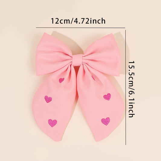 Valentine’s Day Pink Bow Streamer Hair Clip – Heart Embroidered Cotton Linen Ribbon Barrette