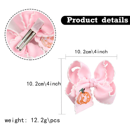 Halloween Pumpkin Embroidered Hair Bow Clips – Wavy Edge, 10 Pack