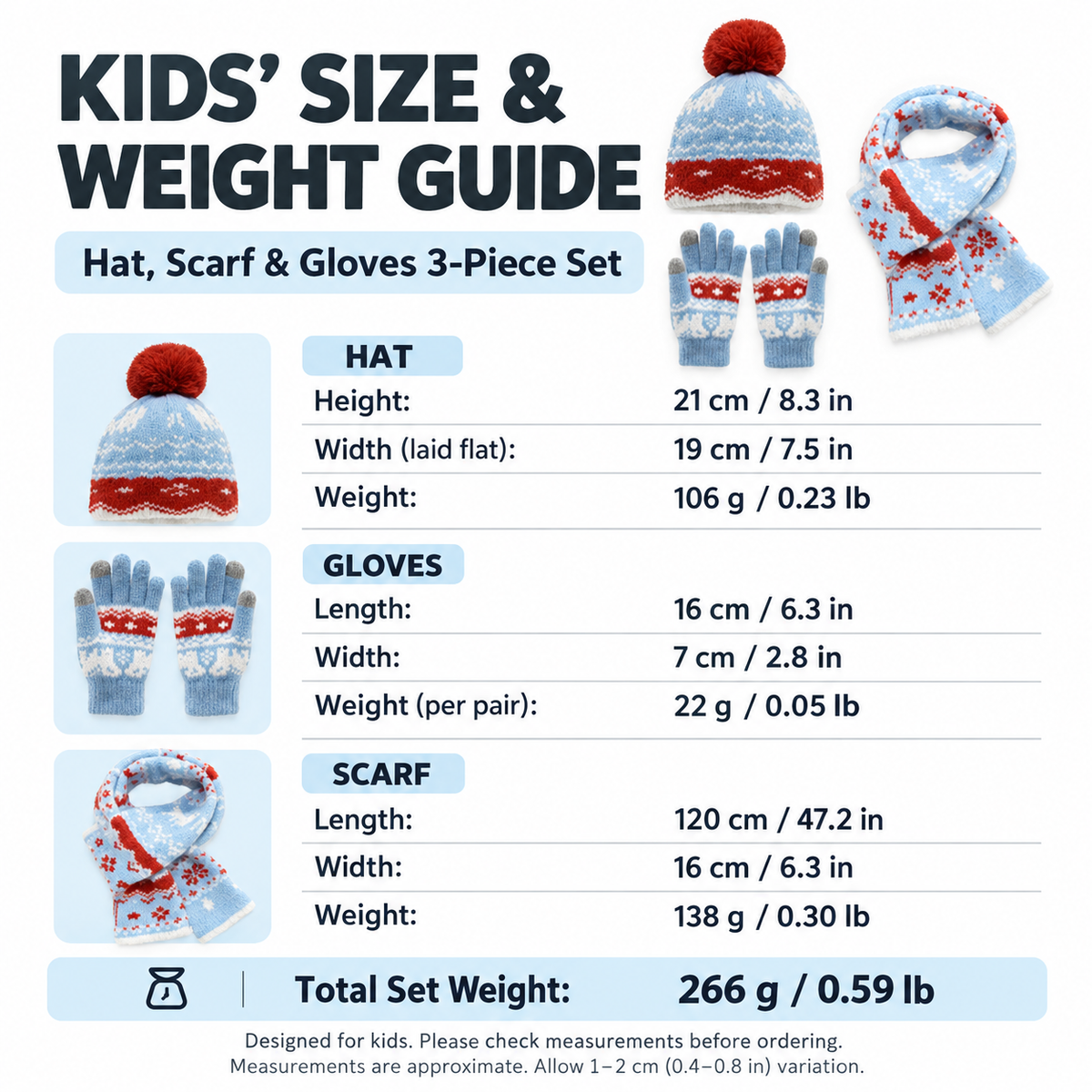 Kids’ Winter Hat, Scarf & Gloves 3-Piece Set – Pom-Pom Knit Beanie with Reindeer & Snowflake Patterns for Boys & Girls