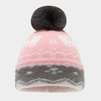 Kids’ Winter Hat, Scarf & Gloves 3-Piece Set – Pom-Pom Knit Beanie with Reindeer & Snowflake Patterns for Boys & Girls
