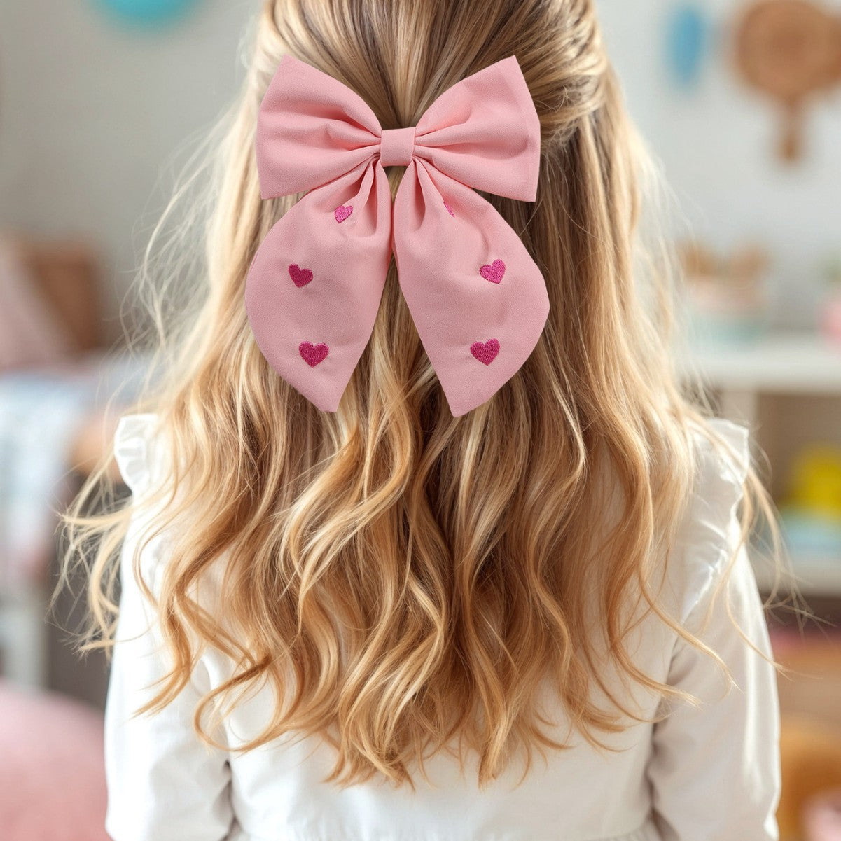Valentine’s Day Pink Bow Streamer Hair Clip – Heart Embroidered Cotton Linen Ribbon Barrette