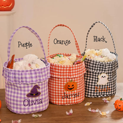 Personalized Halloween Trick or Treat Basket for Kids – Custom Name, Embroidered Patch & Gingham Candy Bucket