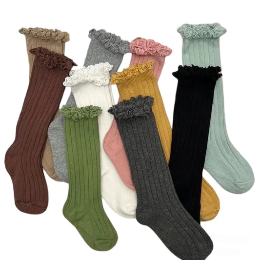 Kids Solid Color Mid-Calf Socks Combed Cotton Lace Trim Frilly Socks Spring & Autumn Wear