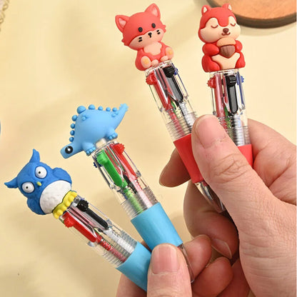 Back to School Animal Silicone 4-Color Mini Retractable Ballpoint Pen Cartoon Gel Grip Writing Pen