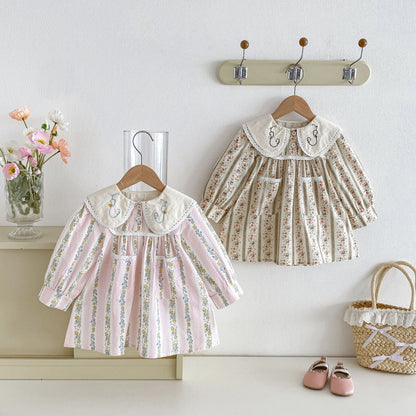 Girls’ Cotton-Rich Floral Dress with Embroidered Collar – In Stock
