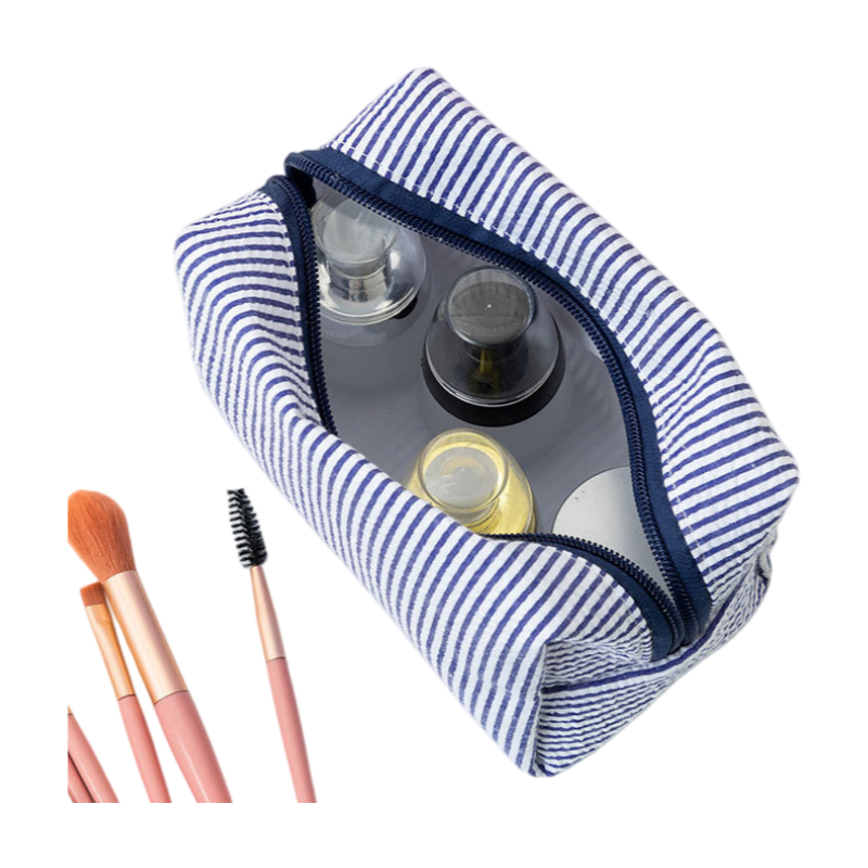 Seersucker Striped Makeup Pouch Travel Toiletry Storage Bag