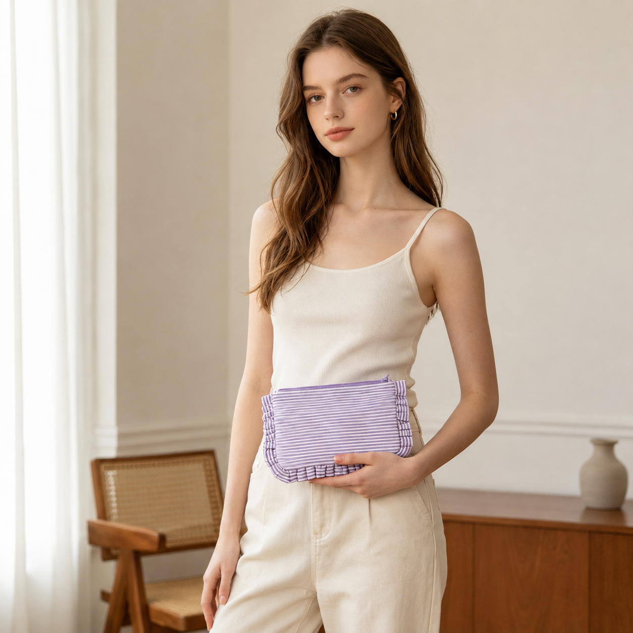 Striped Ruffle Cosmetic Bag – Toiletry & Travel Pouch