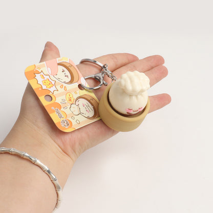 Simulation Steamed Bun Squishy Keychain Steamer Basket Emoji Bao Press Toy Pendant