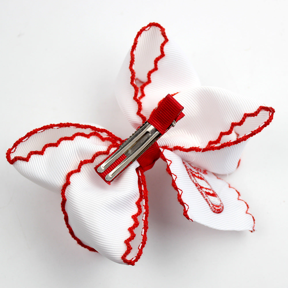 Girls Christmas Embroidered Hair Bow Clips with Scalloped Edges – Festive Grosgrain Ribbon Bows, Pack of 10