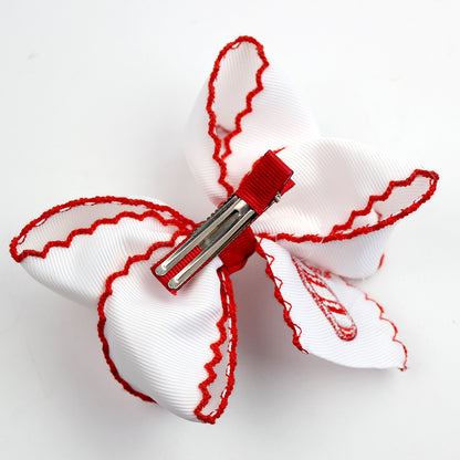 Girls Christmas Embroidered Hair Bow Clips with Scalloped Edges – Festive Grosgrain Ribbon Bows, Pack of 10