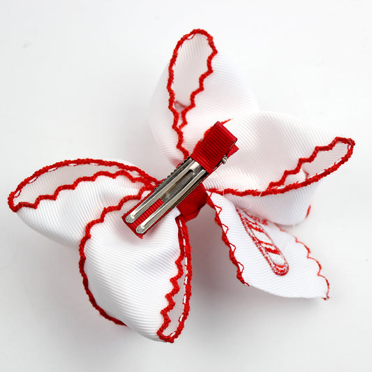 Girls Christmas Embroidered Hair Bow Clips with Scalloped Edges – Festive Grosgrain Ribbon Bows, Pack of 10