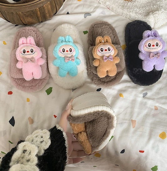 Kids Plush Slippers Fall/Winter New Labubu Stuffed Doll Tie-Dyed Unisex Cozy Non-Slip Slide Slippers