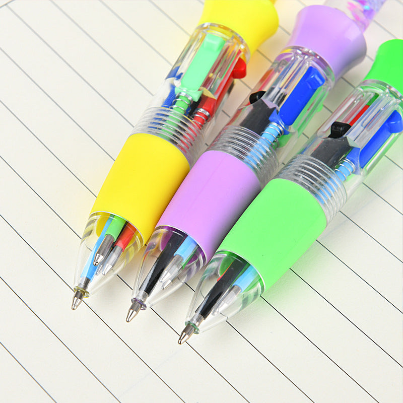 Glitter Quicksand 4-Color Retractable Ballpoint Pens Cartoon Gel Ink Pens with Fun Floating Liquid Design