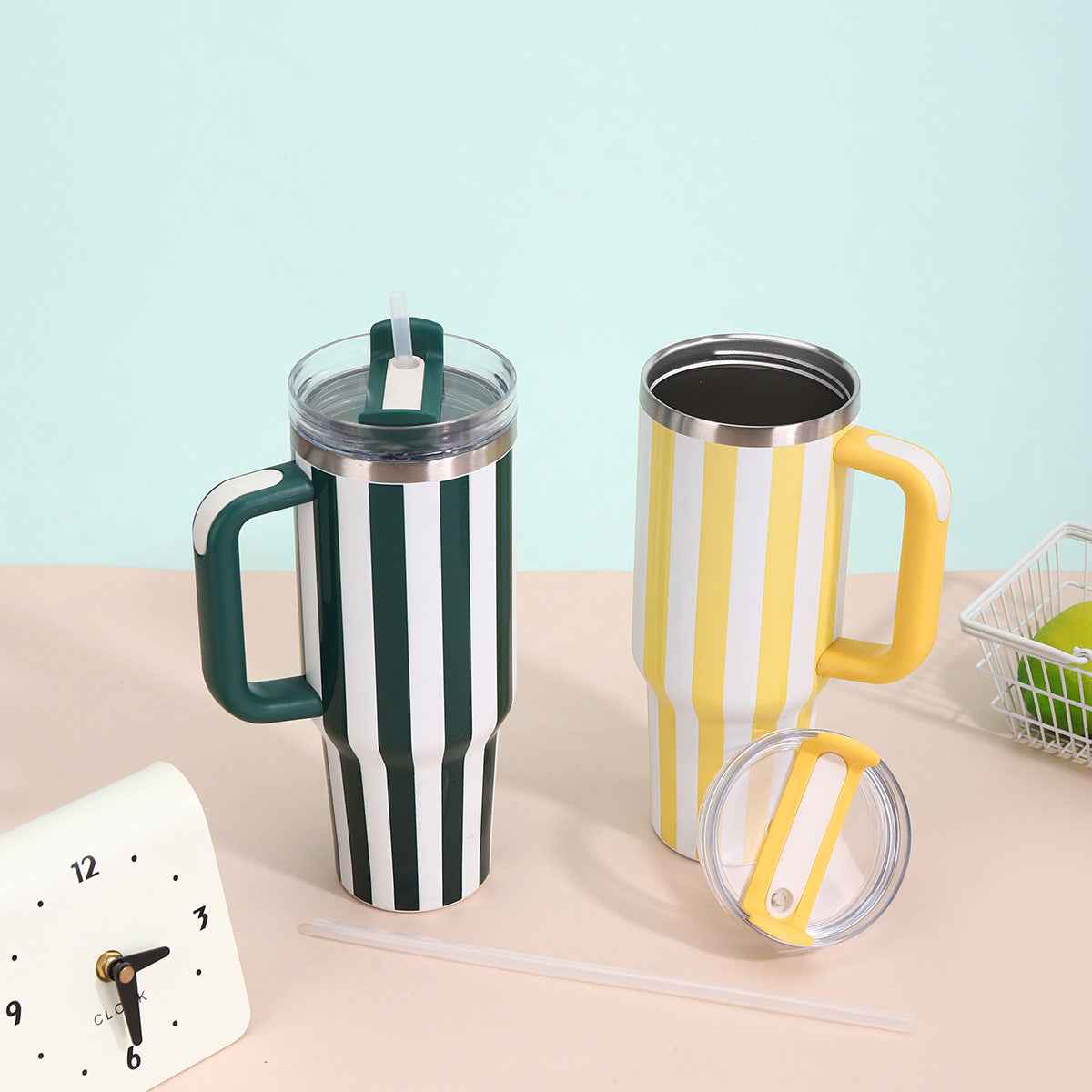 Stripe 40oz Insulated Tumbler with Handle & Straw Car Travel Mug Cold Stainless Steel Cup