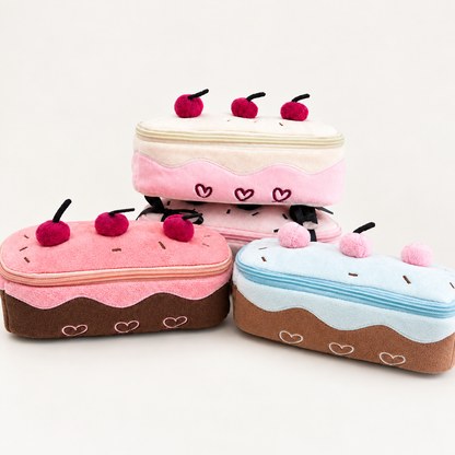 Cherry Cake Plush Cosmetic Bag & Pencil Pouch – Cute Zipper Makeup Organizer and Stationery Case