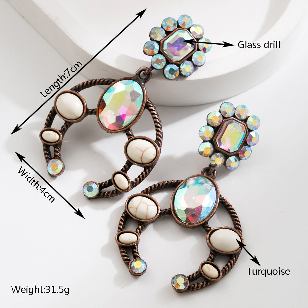 Western Boho Statement Glass Drill Turquoise Pink & Crystal Drop Earrings