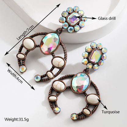 Western Boho Statement Glass Drill Turquoise Pink & Crystal Drop Earrings