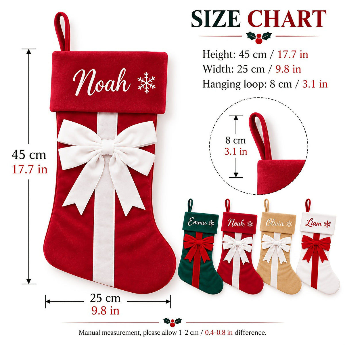 Personalized Christmas Stockings with Velvet Bow – Custom Name Embroidered Holiday Stocking, Red Green Beige White Christmas Tree & Fireplace Decor