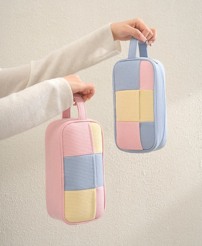 Color Block Corduroy Makeup Bag – Large Capacity Cosmetic Storage Pouch with Handle