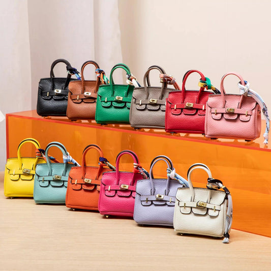 Mini Top Handle Lock Bag Handbag Charm with Scarf – Faux Leather Coin Purse