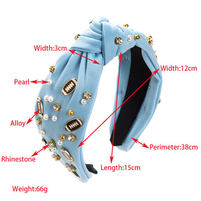 American Football Top Knot Headband with Pearls & Rhinestones – Wide Hair Accessory, Game Day Gift for Fans