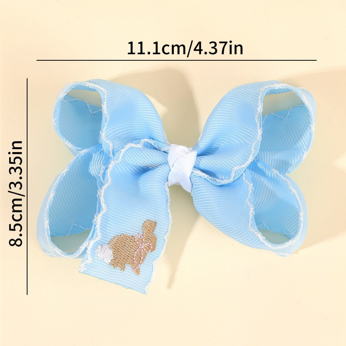Kids Easter Bunny Embroidered Bow Hair Clip with Overlock Edges, Grosgrain Ribbon Hair Accessory