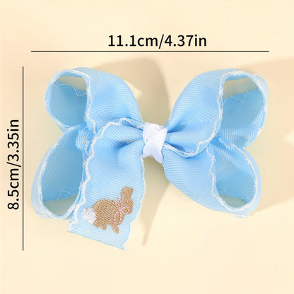 Kids Easter Bunny Embroidered Bow Hair Clip with Overlock Edges, Grosgrain Ribbon Hair Accessory