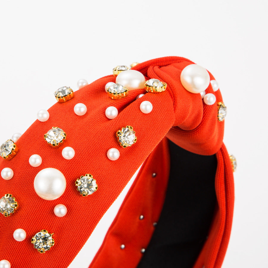 Wide Knotted Headband with Pearls & Rhinestones Padded Fashion Hair Band for Women & Girls