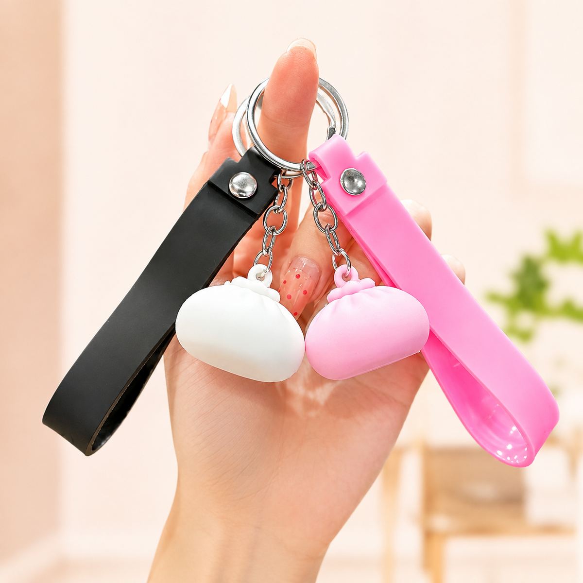 Cute Kawaii Dumpling Silicone Keychain with Rainbow Wrist Strap