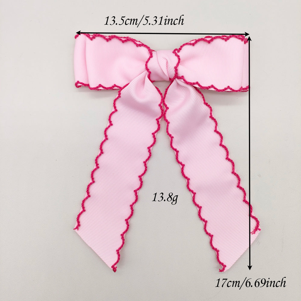Girls Grosgrain Ribbon Bow Hair Clip – Contrast Scalloped Stitching & Long Ribbon Tails