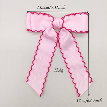 Girls Grosgrain Ribbon Bow Hair Clip – Contrast Scalloped Stitching & Long Ribbon Tails