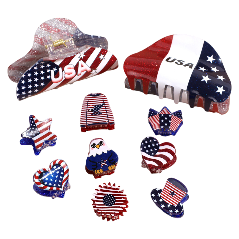 4th of July USA Flag Mini Claw Clips & Half-Moon Hair Claw Patriotic Hair Accessories