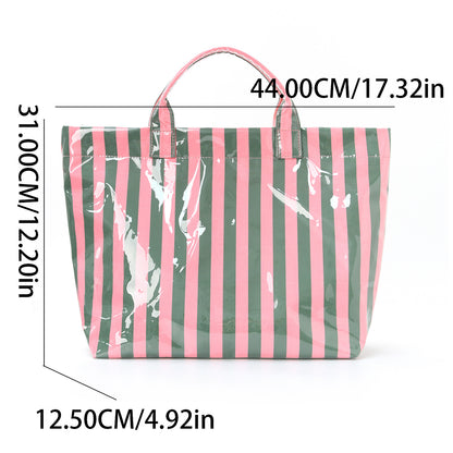 Large Striped Tote Bag – Lightweight PVC Shoulder Bag for Travel, Work & Daily Use