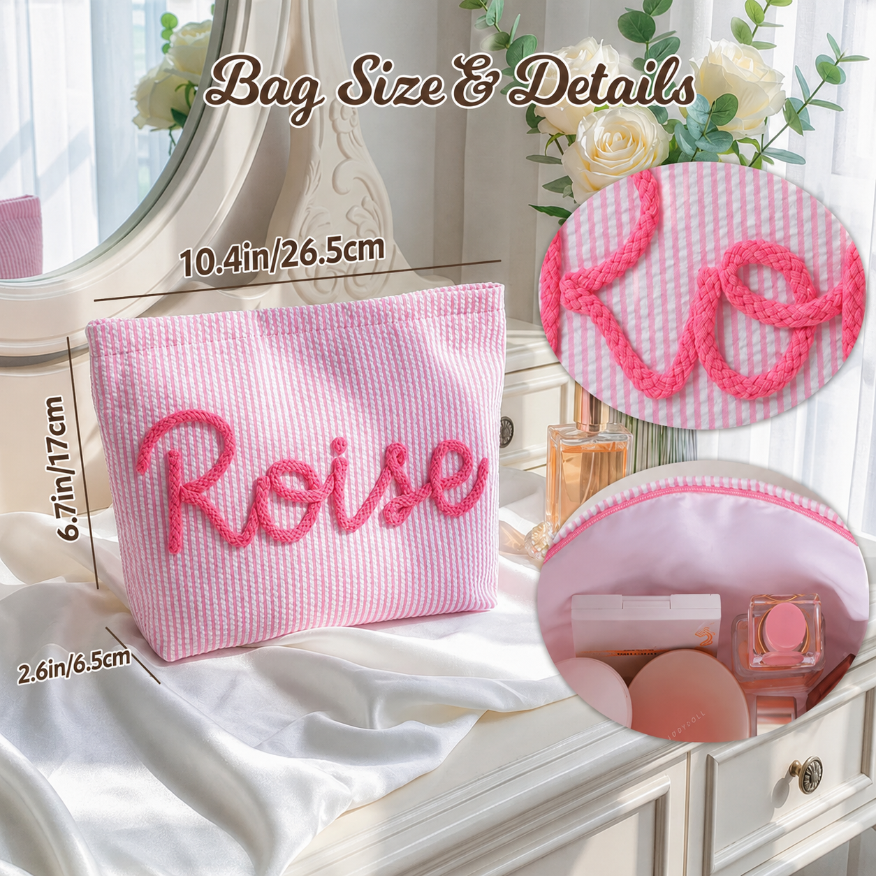 Personalized Yarn Embroidered Striped Seersucker Cosmetic Bag – Custom Name Pouch