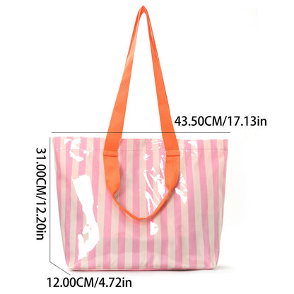 Waterproof Clear Striped Tote Bag – Large PVC Beach & Shopping Bag with Colorful Straps