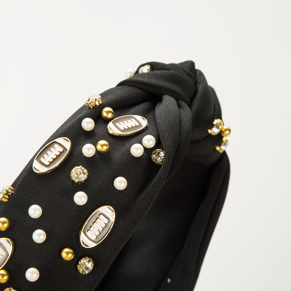 American Football Top Knot Headband with Pearls & Rhinestones – Wide Hair Accessory, Game Day Gift for Fans
