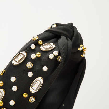American Football Top Knot Headband with Pearls & Rhinestones – Wide Hair Accessory, Game Day Gift for Fans