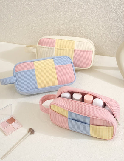 Color Block Corduroy Makeup Bag – Large Capacity Cosmetic Storage Pouch with Handle